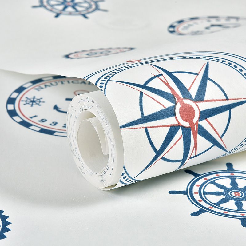 Mediterranean Compass and Boat Wallpaper for Kids' Room in White and Blue Non-Pasted Non-Woven