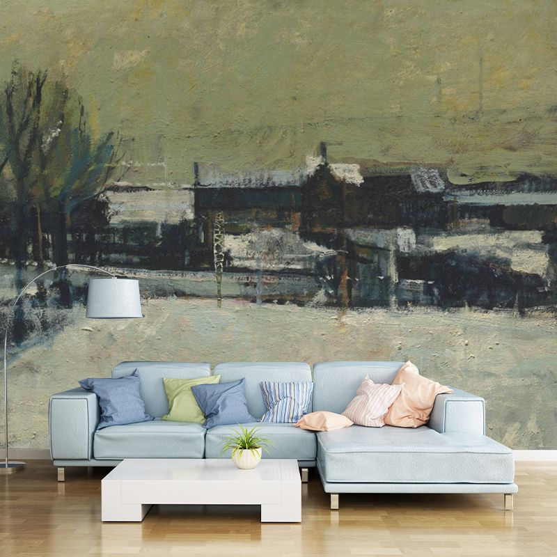 Artistry Oil Painting Village Murals in Grey-Green Stain Resistant Wall Decor for Bedroom