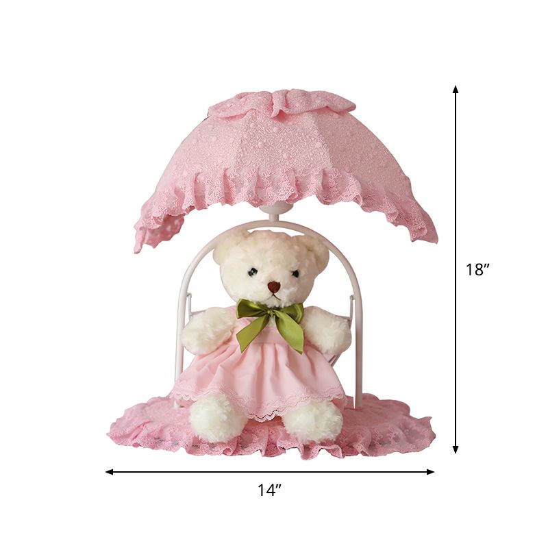 Fabric Bear Night Table Lamp Kids 1 Light Pink Nightstand Lighting with Lace Trim for Nursery