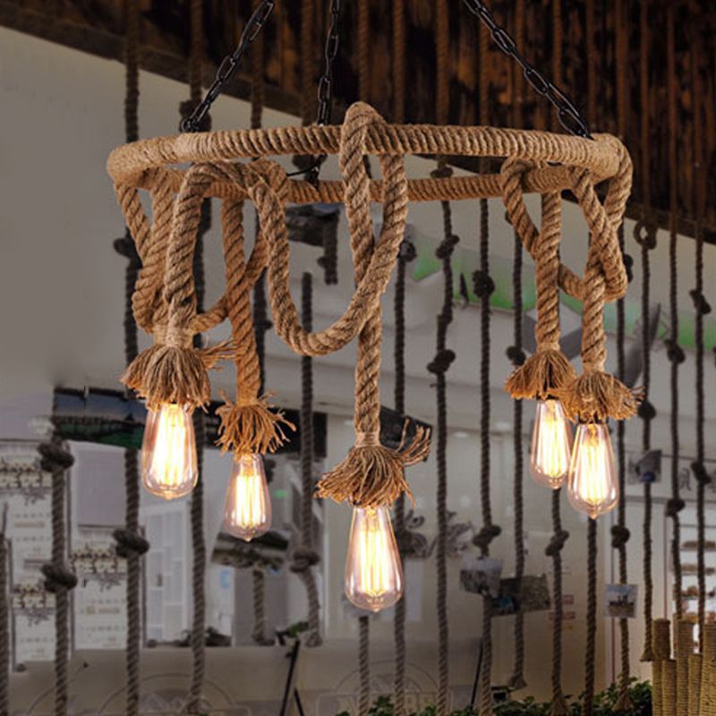 Hemp Rope Brown Pendant Chandelier Bare Bulb 6 Lights Countryside Ceiling Light for Restaurant