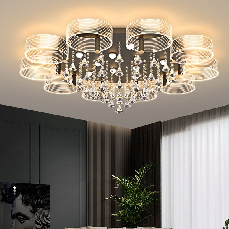 Acrylic Round Semi Mount Lighting Modern Black-Gold LED Ceiling Light with Flower Design