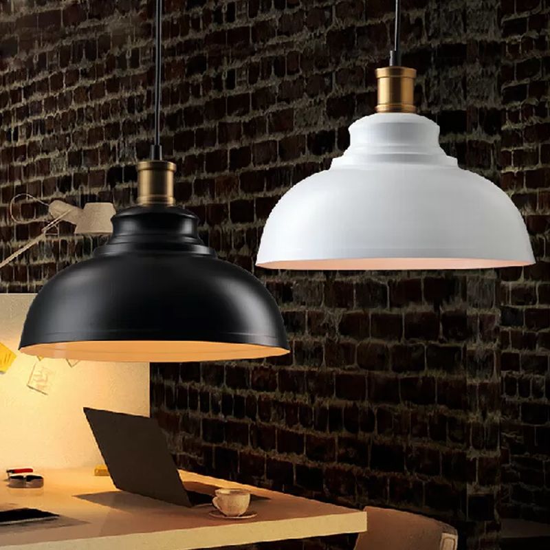 Single-Bulb Drop Pendant Industrial Bowl Shaped Metal Ceiling Suspension Lamp in Black/White