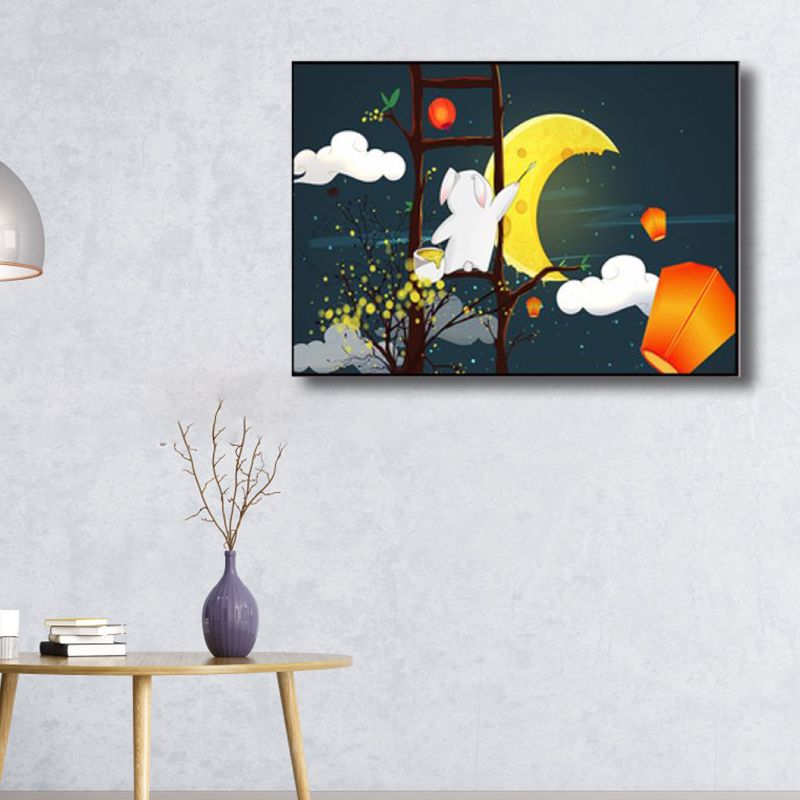 Night Sky Moon Scene Canvas Cartoon Textured Wall Art Decor in Dark Color for Home