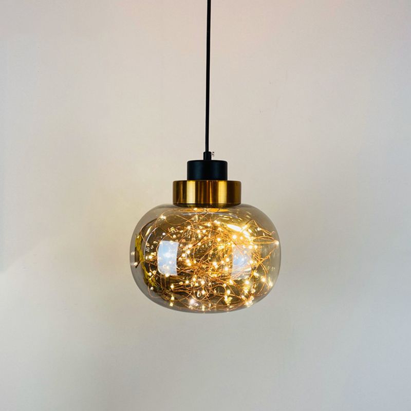 Glass Jar Pendant Light Fixture Modern Brass Finish Ceiling Hang Lamp with LED String