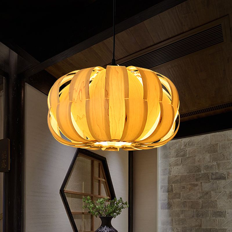 Strap Pumpkin Parlor Hanging Light Kit Wooden 2 Lights Asian Suspension Pendant in Beige