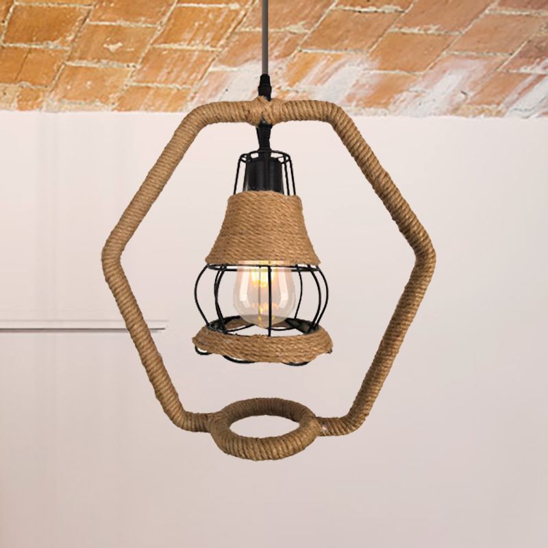 Black Wire Cage Hanging Lighting Country Style 1 Head Metal and Rope Ceiling Lamp with Hexagon Shape