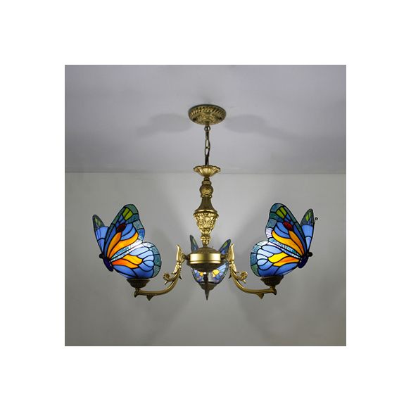 3 Lights Butterfly Hanging Light Loft Style Stained Glass Ceiling Chandelier with Chain in White/Red/Blue/Orange-Green