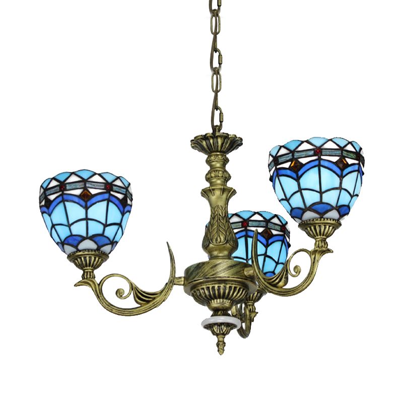 Curved Arm Hanging Chandelier 5/9/11 Lights Cut Glass Victorian Suspension Lighting in Blue for Bedroom