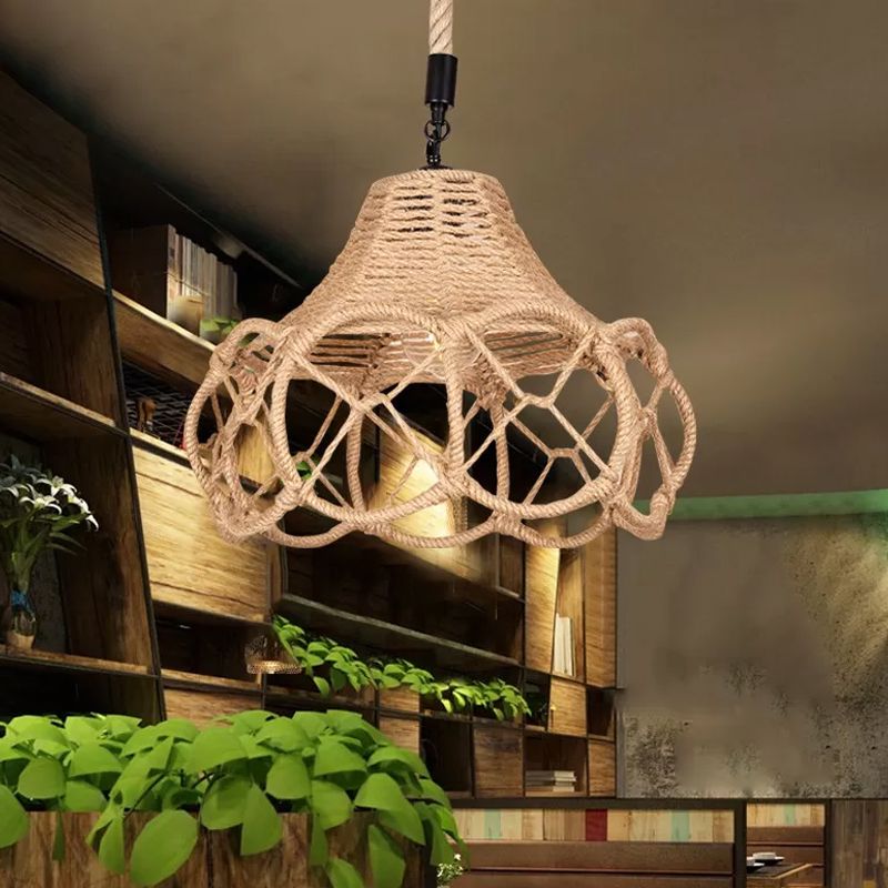 Brown Single-Bulb Pendant Light Fixture Lodge Hemp Rope Hand-Knit Floral Hanging Ceiling Light