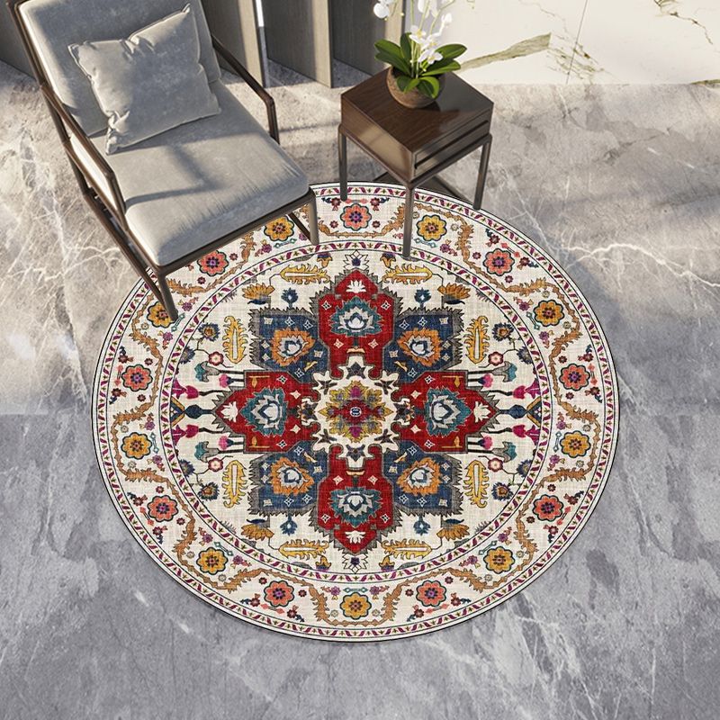 Classic Medallion Pattern Rug with Floral Blue and Red Tribal Rug Polyester Washable Anti-Slip Backing Area Rug for Living Room