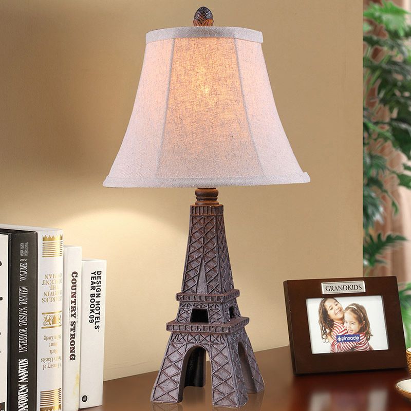 1 Light Night Light Country Bedroom Paris Tower Desk Lamp with Paneled Bell Fabric Shade