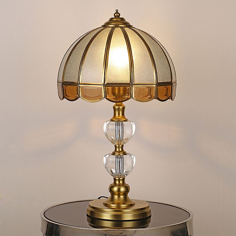 1 Bulb Night Table Lamp Vintage Scalloped Shade Beige/Frosted Glass Nightstand Light in Gold with Clear Crystal Accent