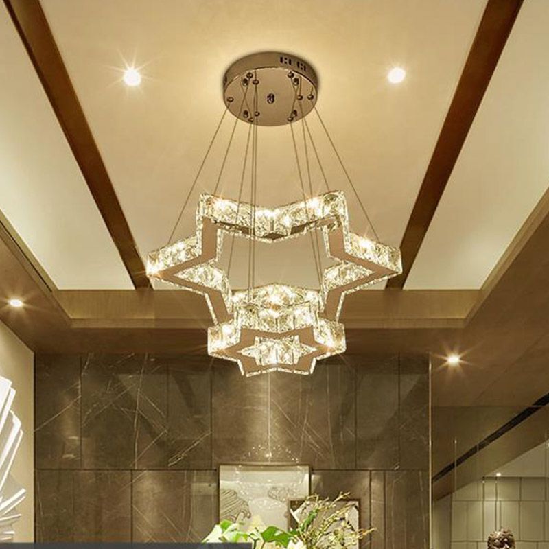 Crystal Block Five-Pointed Star Hanging Chandelier Simple Stainless-Steel LED Ceiling Light, Warm/White/3 Color Light