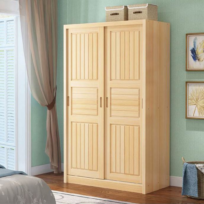 Light Wood Armoire Cabinet Pine Solid Wood Youth Armoire with Garment Rod