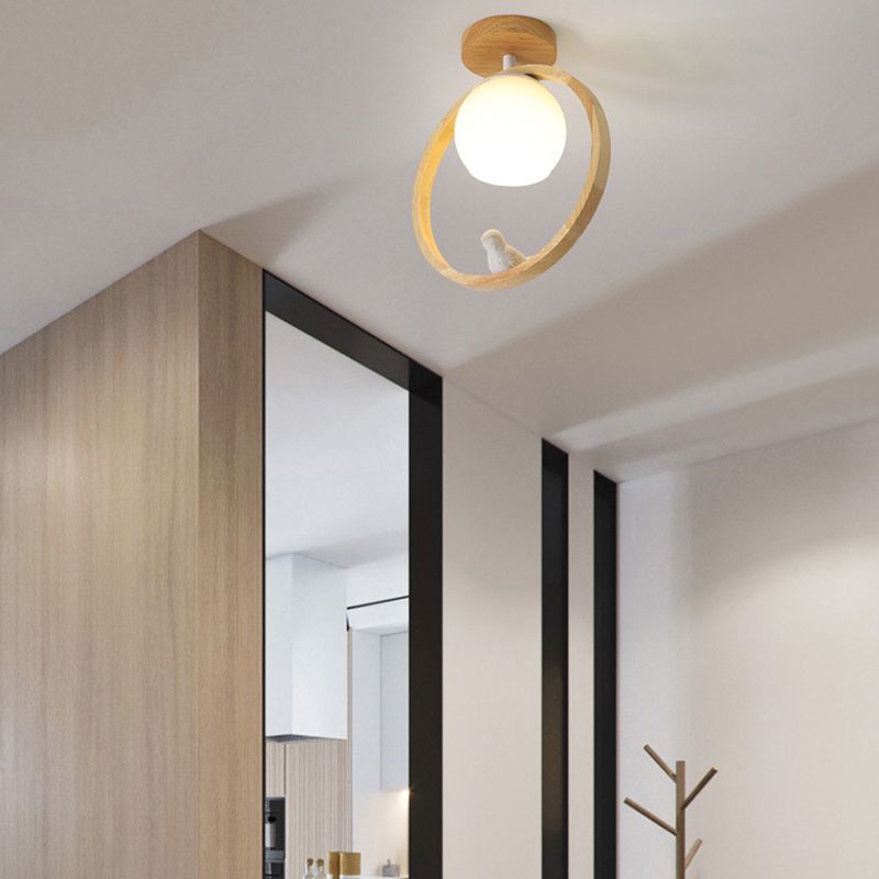 White Shaded Ceiling Light Contemporary Flush Mount Lighting with Wood for Room