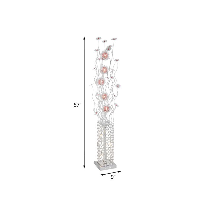 Cuboid Metallic Stand Up Lamp Decorative  Living Room LED Floor Lighting with Floret Design in Silver, Warm/White Light