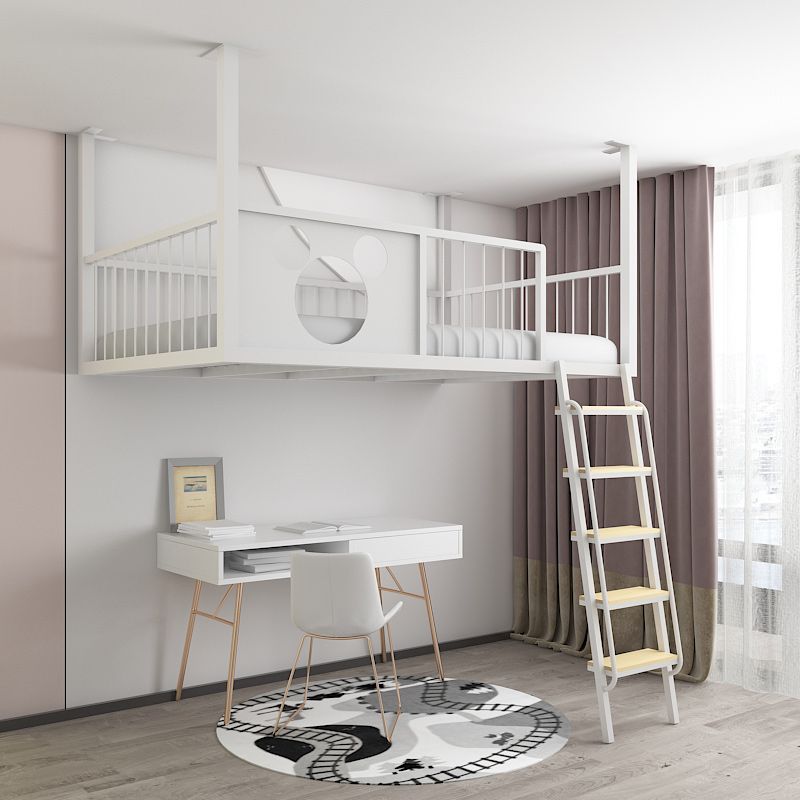 Metal Loft Bed Scandinavian White/Black Kids Bed with Built-In Ladder and Guardrail