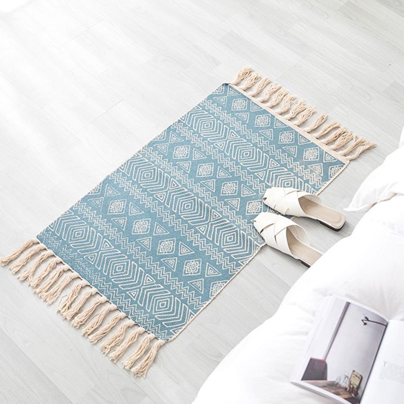 Beige Bohemian Rug Cotton Ethnic Pattern Carpet Fringe Indoor Rug for Home Decoration