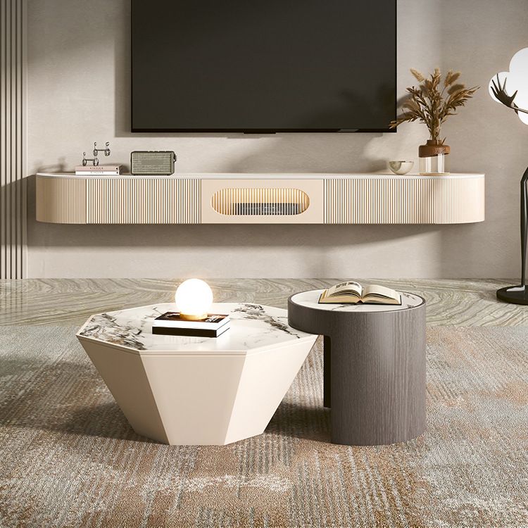 Modern Stone TV Stand Console White Floating TV Media Stand with Drawers for Living Room