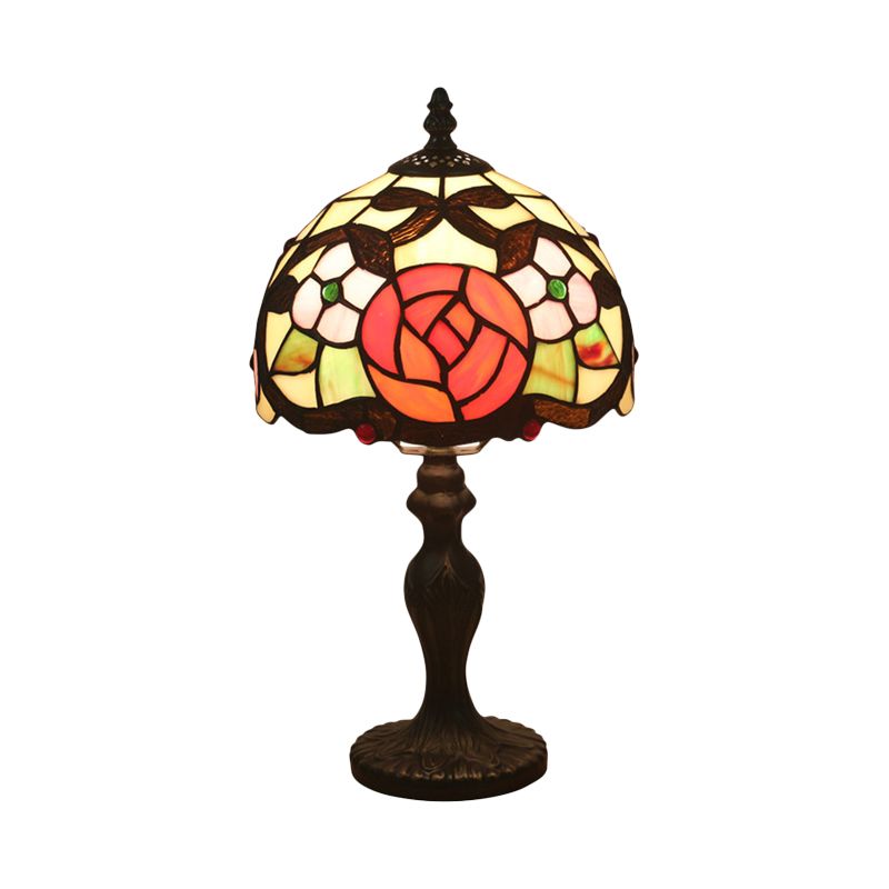 Victorian Rose Patterned Desk Lighting 1 Head Cut Glass Nightstand Lamp in Bronze with Dome Shade