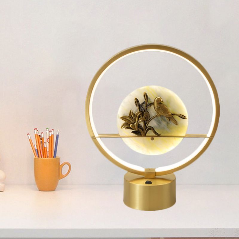 Circle Night Table Light Modernist Metal LED Gold Desk Lamp with Inner Flower and Bird Decor