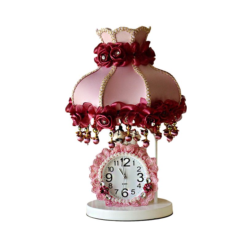 1-Bulb Girl Bedroom Night Light Kids Purple and Pink Table Lighting with Scalloped Fabric Shade and Clock