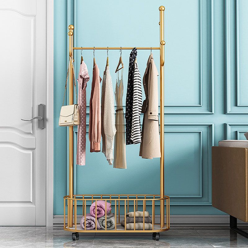 Glam Coat Rack Free Standing One Storage Shelve Metal Hall Stand with Wheels