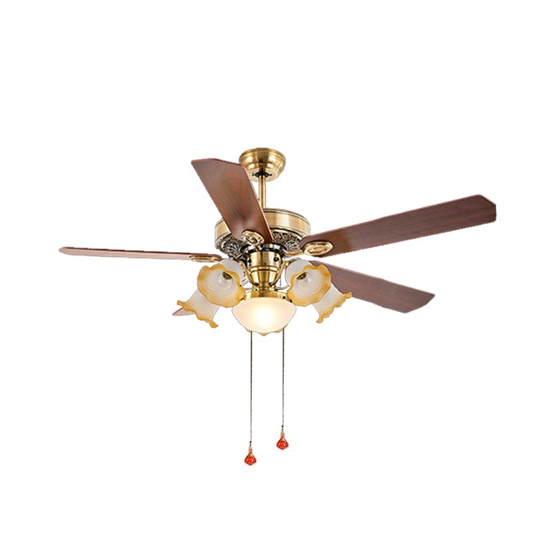 48" W Gold 6 Lights Semi Flush Lighting Antiqued Metal Round 5 Wood Blades Hanging Ceiling Fan Lamp with Floral Opal Glass Shade, Pull Chain/Remote/Wall Control