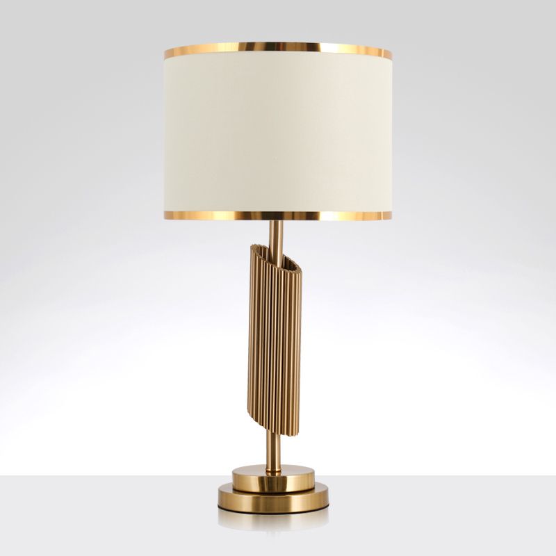 Fabric Barrel Table Lighting Classic 1-Light Parlor Night Lamp with Bevel-Cut Cylinder Base in Brass