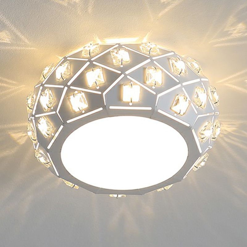 Artistic Drum Shaped Flush Light Crystal Corridor LED Flush Ceiling Light Fixture in White