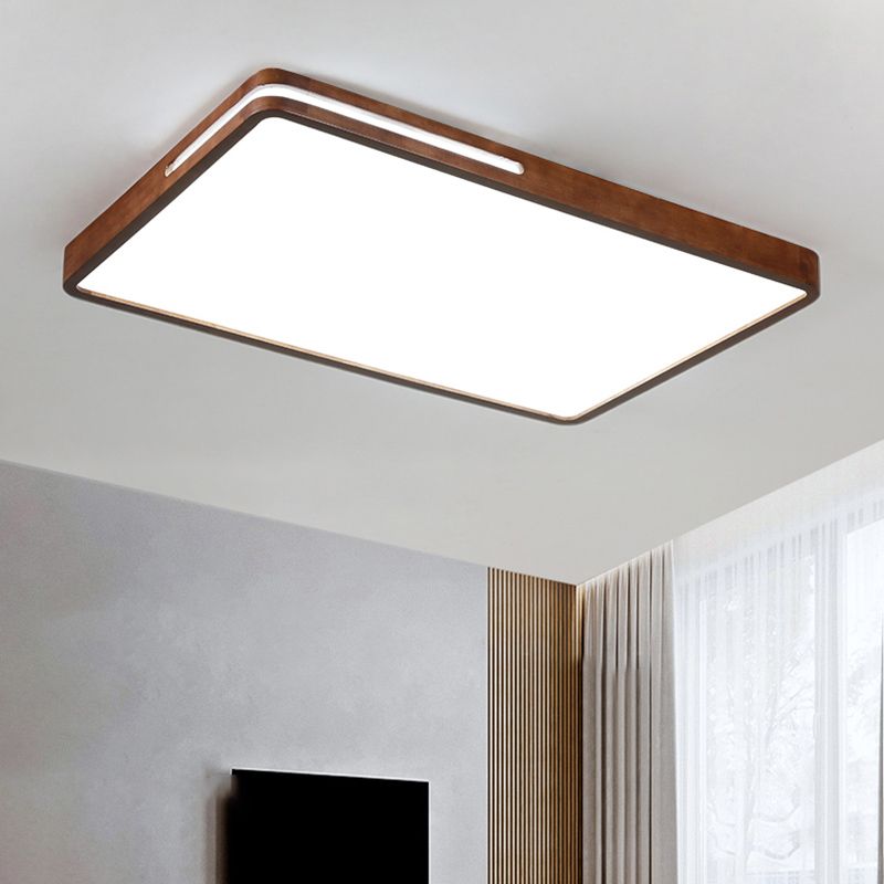 Japanese Rectangle Ceiling Light Wood LED Flush Mount Light in Brown for Living Room