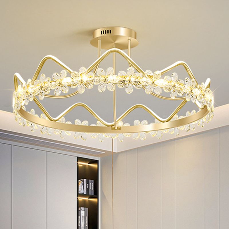 Gold Circular LED Ceiling Fixture Minimalist Flower Crystal Semi Flush Mount Light for Bedroom