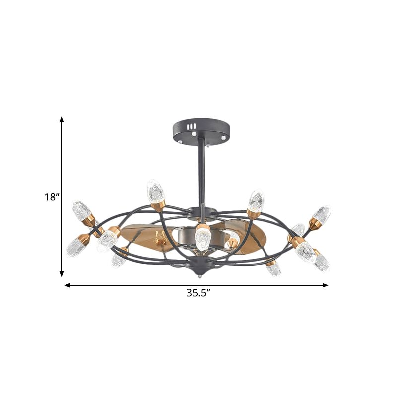 Zwart 15 koppen semi -spoel traditionele bel kristallen schaduw gebogen arm frame hanger ventilatorlamp met 3 messen, 35,5 "breedte