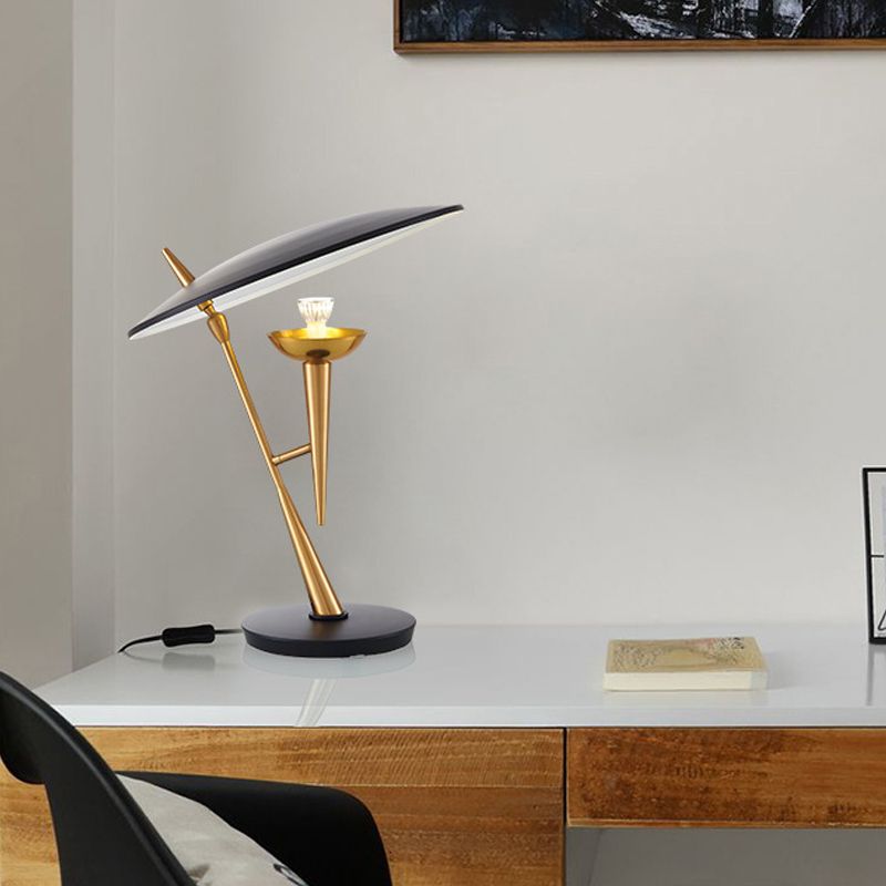 Postmodern Oblique Table Light Metallic Single Bulb Bedroom Night Lamp with Flat Lampshade in Black-Brass