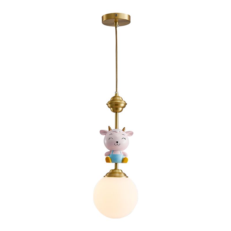 Cartoon Sphere Ceiling Light Opal Glass Single Bedroom Hanging Pendant Light with Decorative Sheep in Gold