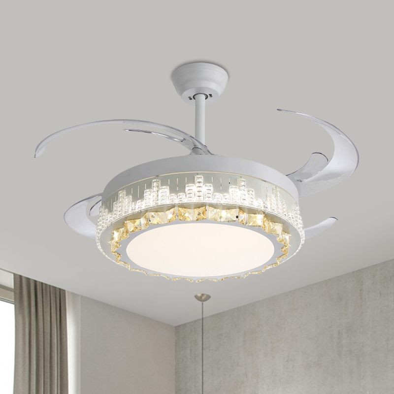 4 Blades LED Pendant Fan Lamp Contemporary Circular Clear Crystal Blocks Semi Flush Mount, 19" Width