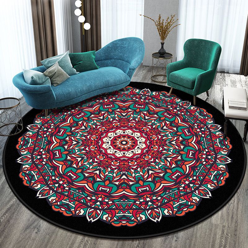 Bohemian Living Room Rug Multicolor Mandala Rug Polyester Stain Resistant Washable Anti-Slip Backing Rug for Hall