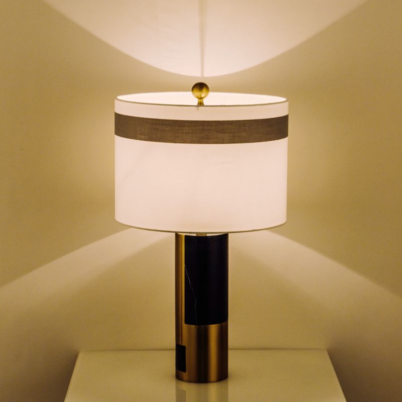 1 Head Bedside Table Light Modern White Nightstand Lamp with Cylinder Fabric Shade