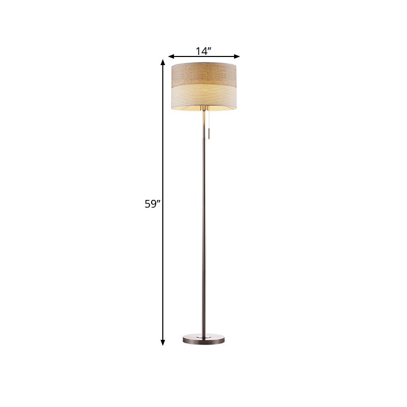 Beige Cylinder Floor Standing Lamp Minimal Fabric 1 Light Fabric Reading Floor Light with Pull Chain