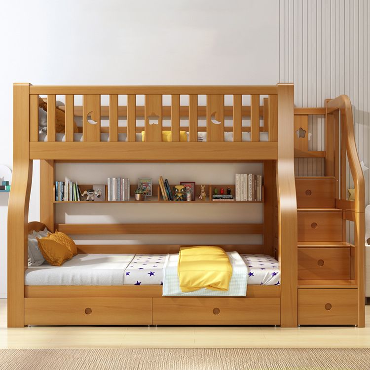 Walnut Standard Bunk Bed with Twin Trundle Solid Wood High Bunk Bed