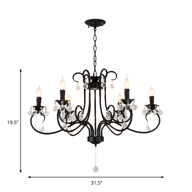 Bent Arm Frame Ceiling Light Vintage 6/8 Lights Black Suspension Light for Living Room with Crystal Drop