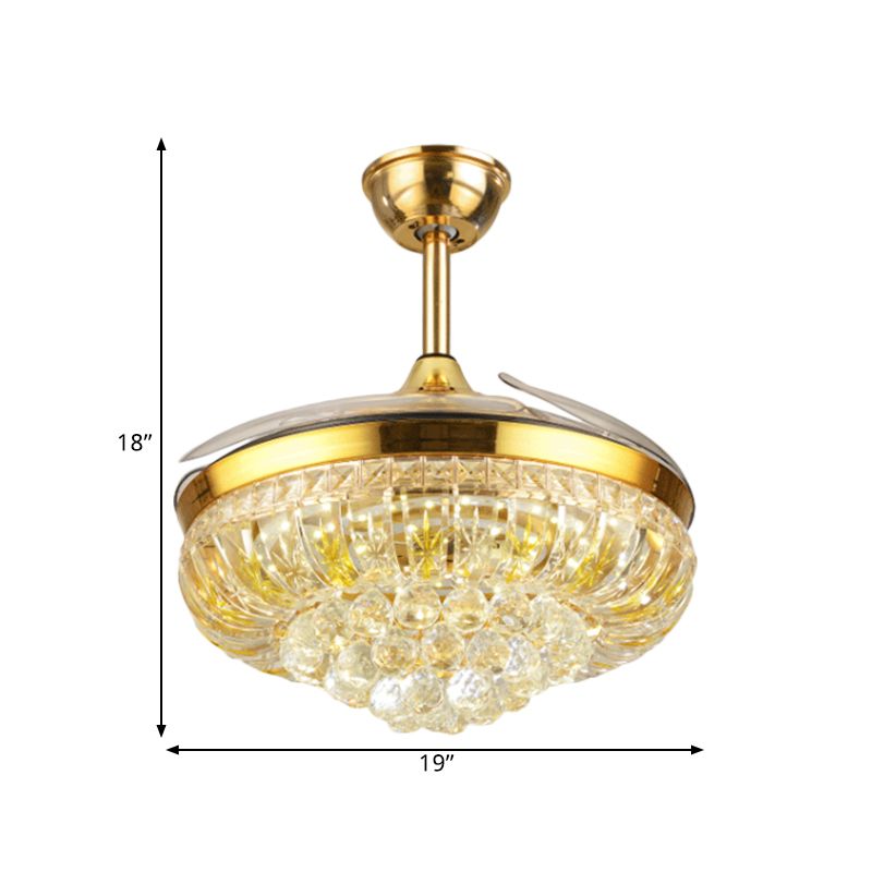 19 "brede LED Semi Flush Light Modern Circular Clear Crystal Blocks Hanger Fan Lamp in Gold