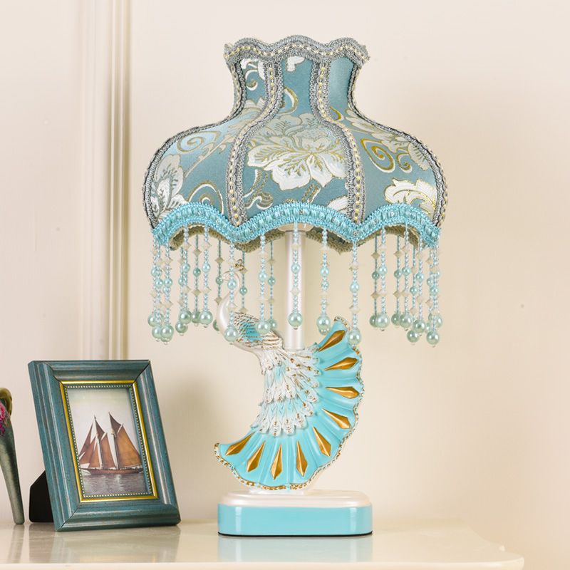 Fabric Dome Table Lamp Nordic 1-Bulb Pink/Blue Reading Book Light with Fringe and Peacock Deco