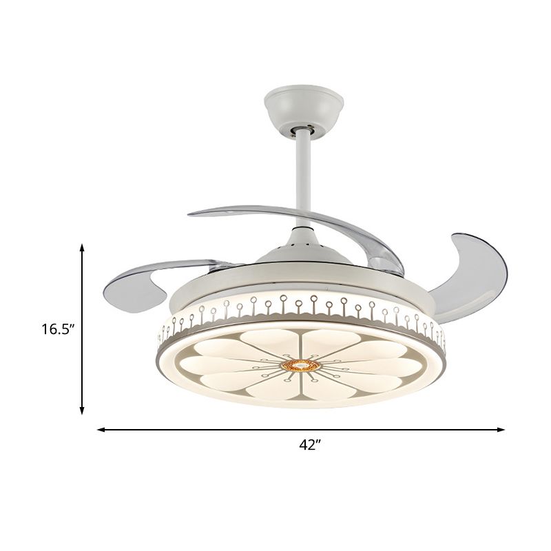 42" Wide LED Semi Flush Mount Light Simple Flower Pattern Metal Ceiling Fan Lamp in White with 4 Blades, Remote/Wall Control/Frequency Conversion and Remote Control