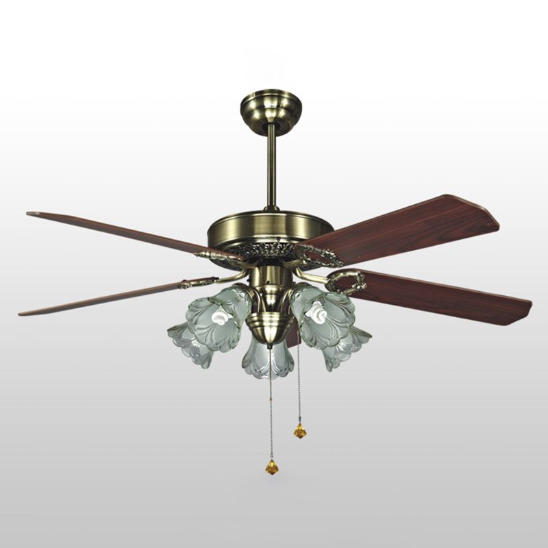 4-Blade Retro Floral Shade Ceiling Fan Light 5 Bulbs 52" W Smoke Grey Glass Semi Mount Lighting with Pull Chain