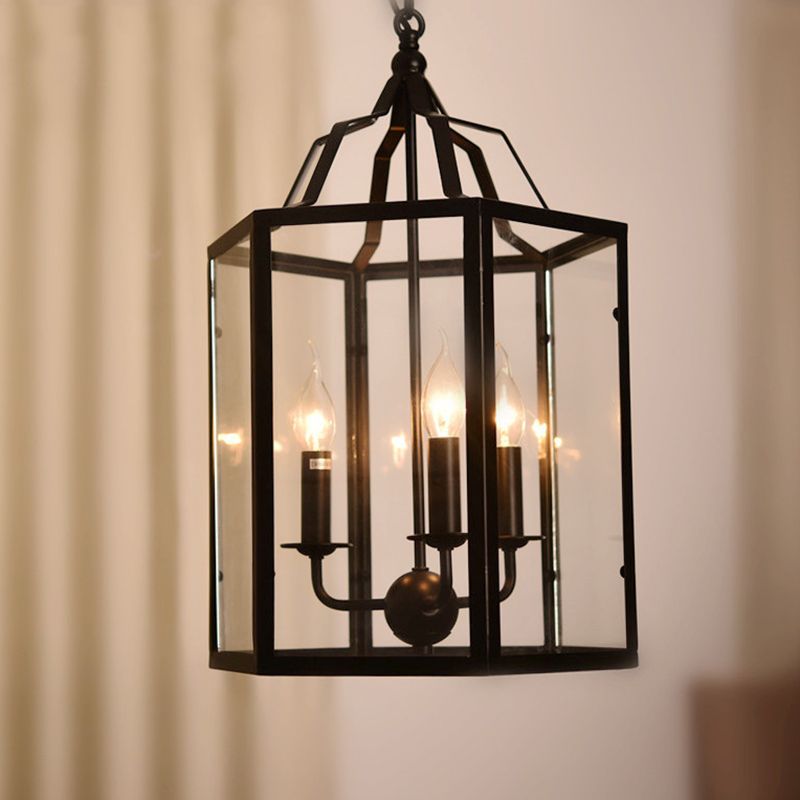 Black 3-Light Pendant Light in Industrial Unique Style Wrought Iron Hanging Lamp with Glass Shade