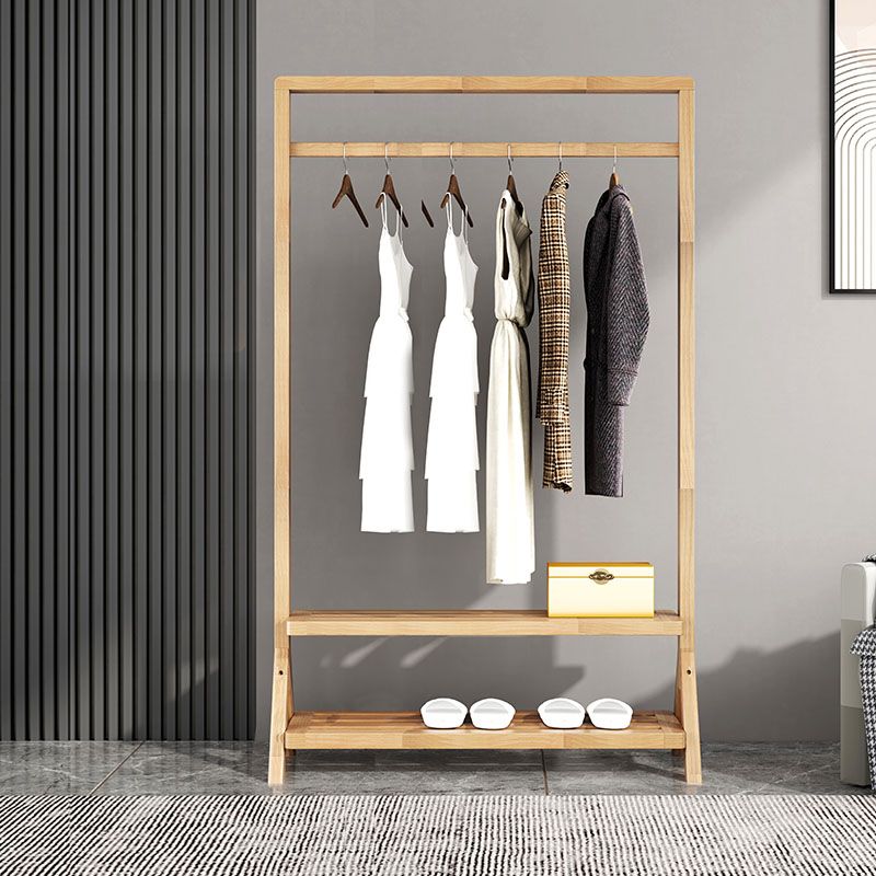 Contemporary Style Coat Hanger Solid Wood Double Shelves Coat Rack for Living Room