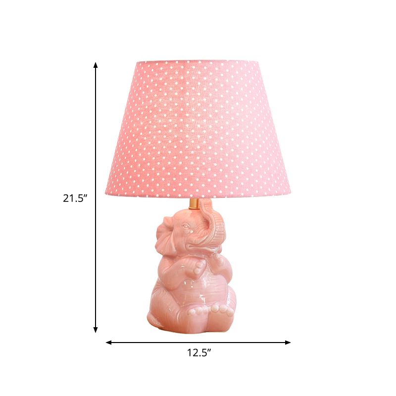 Pink Elephant Nightstand Lamp Modern Single Head Porcelain Table Light with Barrel Fabric Shade for Bedside