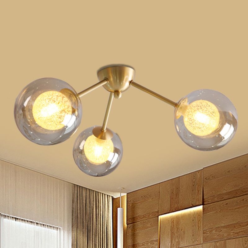 Modern Global Semi Flush Mount Clear/Amber/Smoke Glass 3/6 Lights Led Bedroom Semi Flush Mount Light Fixture in Gold