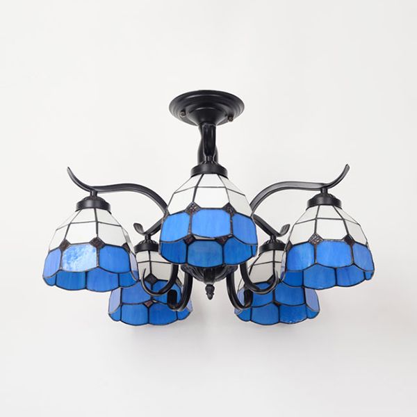 3/5 Lights Semi Flushmount with Shade Tiffany Style Stained Glass Semi Flush Lamp in Red/Blue/Green/Blue-White for Stairway